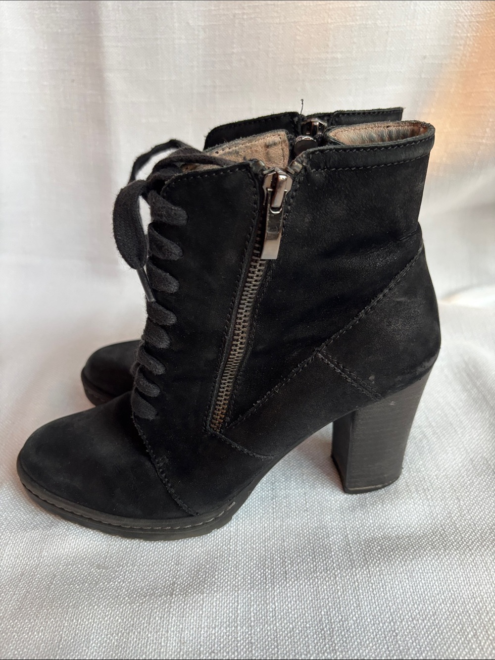 Suede Lace-Up Ankle Boots with Side Zip - Black -GB2sku
